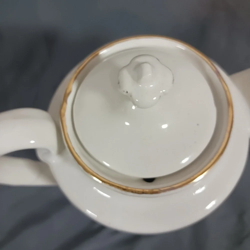 Vintage Floral Teapot Coffee Server White Good Gold Trim Wild Rose Cottagecore